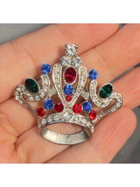Crown Brooch Vintage Rhinestone Red Blue Green Hidden Bale Silver Tone